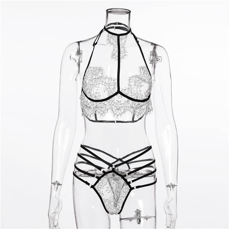 Halter Lace Bra Sexy Lingerie Set Front View
