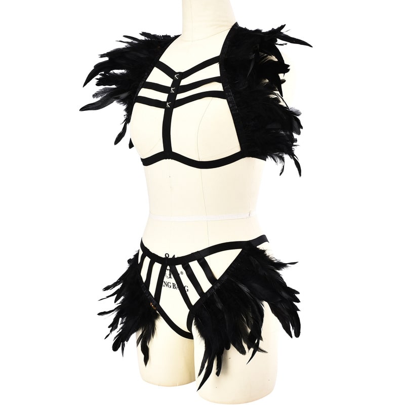 Ladies Feather Wholesale Black Strappy Lingerie Set Left View