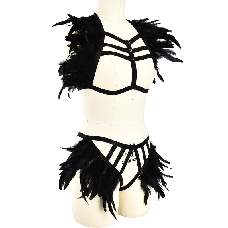 Ladies Feather Wholesale Black Strappy Lingerie Set Right View